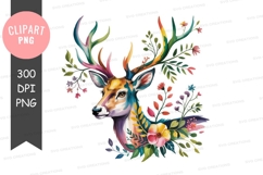 Watercolor floral deer clipart Product Image 1