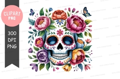 Vibrant sugar skull clipart with flowers and butterflies Product Image 1