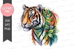 Vibrant watercolor tiger head illustration with leaves Product Image 1