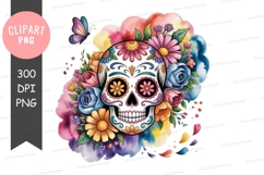Colorful sugar skull with flowers watercolor clipart Product Image 1