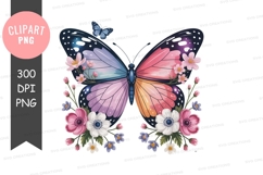 Vibrant watercolor butterfly with floral accents clipart Product Image 1