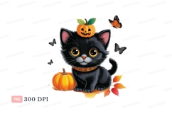 Black kitten pumpkin Halloween butterflies image Product Image 1
