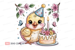 Yellow chick celebrates birthday with cake candle flowers Product Image 1