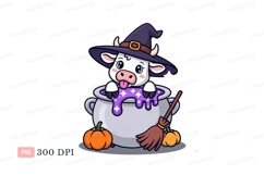 Cute witch cow in cauldron with pumpkins purple Product Image 1