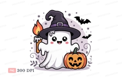 Cute ghost with witch hat and pumpkin candle Product Image 1
