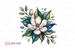 White magnolia flower with colorful leaves green blue Product Image 1