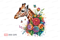 Format: Title: Giraffe adorned with vibrant flowers and butt Product Image 1