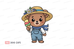 Brown bear wearing straw hat and overalls eating ice cream Product Image 1