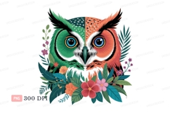 Colorful owl surrounded by foliage green orange Product Image 1