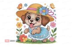 Cute puppy wearing a hat and dress flowers Product Image 1