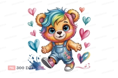 Rainbow haired teddy bear wearing denim overalls image Product Image 1