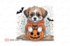Adorable puppy wearing orange hoodie holding pumpkin Product Image 1