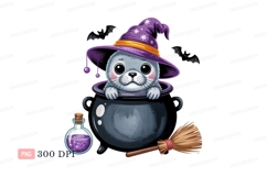 Cute seal witch cauldron potion broom Product Image 1