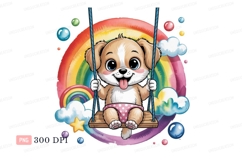 Format: Title: Happy puppy swinging on rainbow clouds Product Image 1