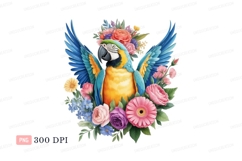 Blue yellow macaw surrounded by colorful flowers parrot Product Image 1