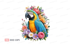 Blue yellow macaw surrounded by colorful flowers parrot Product Image 1