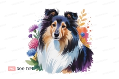 Fluffy dog surrounded by colorful flowers collie shetland Product Image 1
