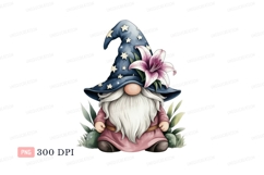 Enchanted gnome with lily and starry hat wizard stars Product Image 1