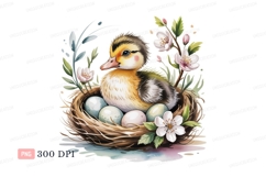 Fluffy duckling in nest with eggs and blossoms spring Product Image 1
