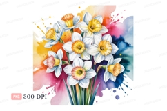 White yellow daffodils watercolor splash orange pink Product Image 1