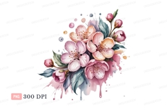 Delicate pink cherry blossoms watercolor splash white Product Image 1