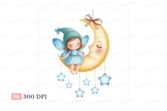 Sleeping fairy on crescent moon with stars blue yellow Product Image 1