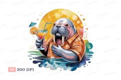 Walrus holding cocktail with orange slice drink summer Product Image 1