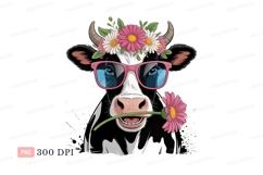 Black white cow wearing flower crown pink sunglasses Product Image 1