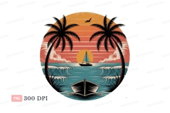 Tropical sunset ocean boat scene sailboat palm Product Image 1