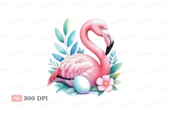 Pink flamingo with egg and flowers bird blue Product Image 1