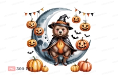 Bear witch on moon with pumpkins halloween Product Image 1