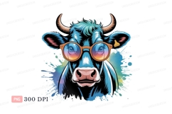 Blue cow wearing colorful sunglasses horns Product Image 1
