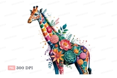 Format: Title: Colorful giraffe adorned with vibrant flowers Product Image 1