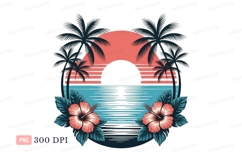 Tropical sunset ocean palms hibiscus image Product Image 1