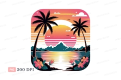 Tropical sunset ocean mountain palms image Product Image 1