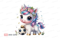 Cute unicorn with soccer ball and flowers fantasy animal Product Image 1
