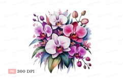 Pink white purple orchids watercolor floral clipart P N G Product Image 1