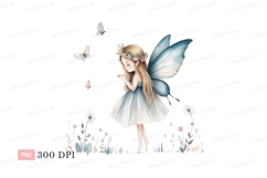 Blond fairy with blue wings and flower crown flowers Product Image 1