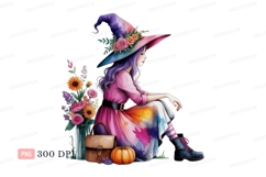 Whimsical witch with floral hat and pumpkin halloween Product Image 1