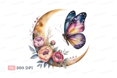 Celestial crescent moon with butterfly and flowers Product Image 1