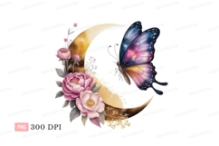 Celestial butterfly moon floral clipart P N G pink Product Image 1