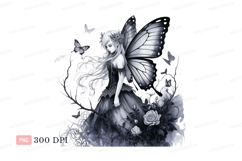 Black white fairy butterfly floral clipart P N G fantasy Product Image 1