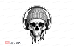 Skull wearing headphones and beanie black white Product Image 1