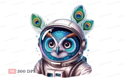 Owl astronaut with peacock feathers space helmet Product Image 1