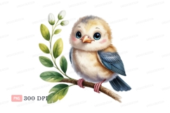 Cute fluffy bird on branch leaves Product Image 1
