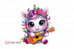 Fluffy unicorn playing ukulele with rainbow mane flowers Product Image 1