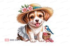 Adorable puppy wearing straw hat and striped dress Product Image 1