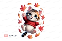Cute cat wearing red sweater surrounded by autumn leaves Product Image 1