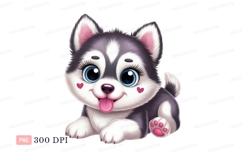 Cute husky puppy with blue eyes and pink hearts cartoon Product Image 1