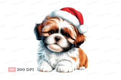 Fluffy puppy wearing Santa hat shih christmas Product Image 1